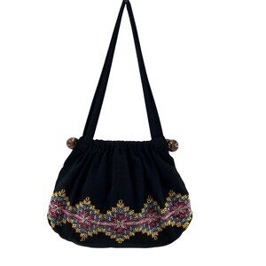 Handmade Black Shoulder Bag Colorful Embroidery & Wooden Accents reversible